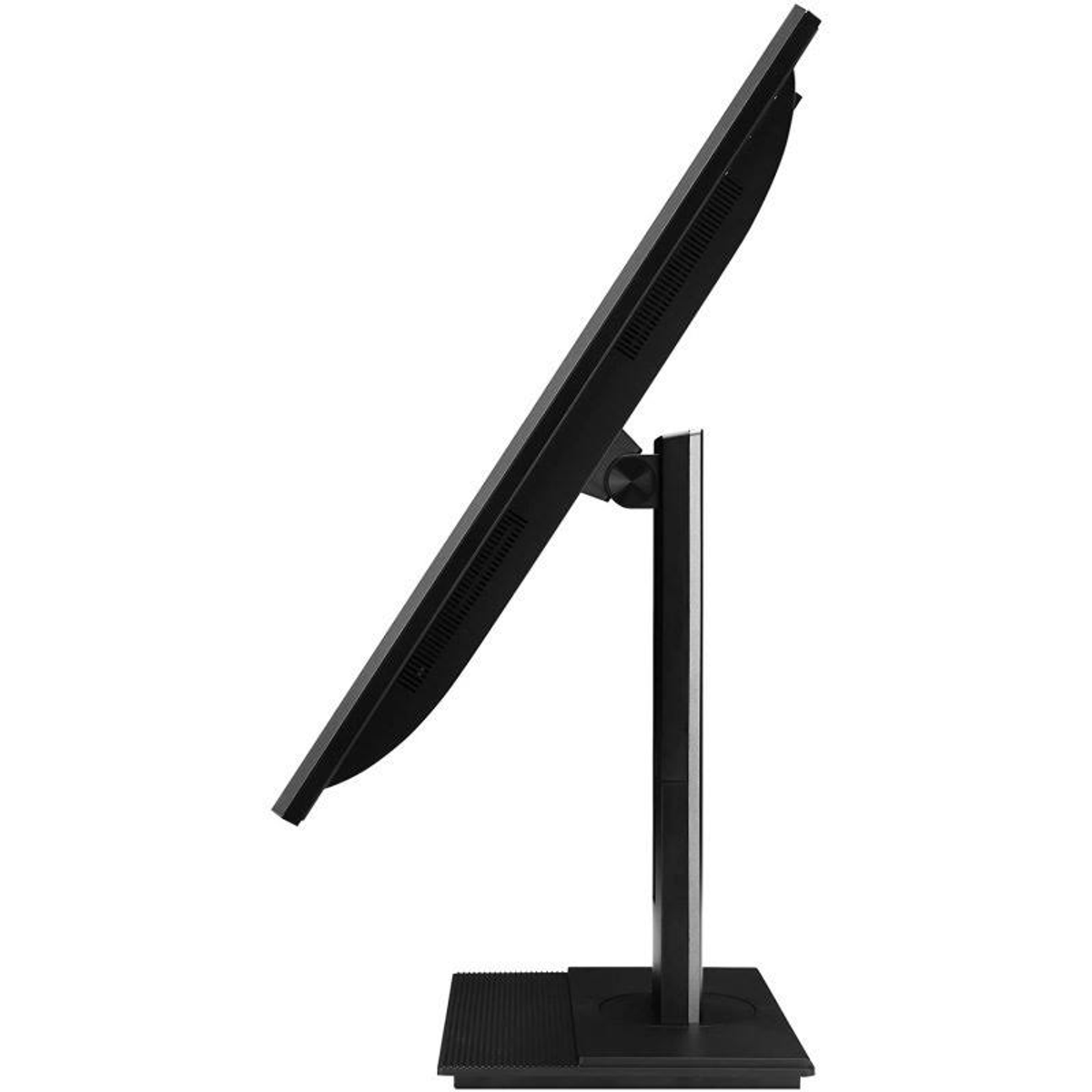 Un monitor per computer nero, visto di lato, su un supporto e una base neri.