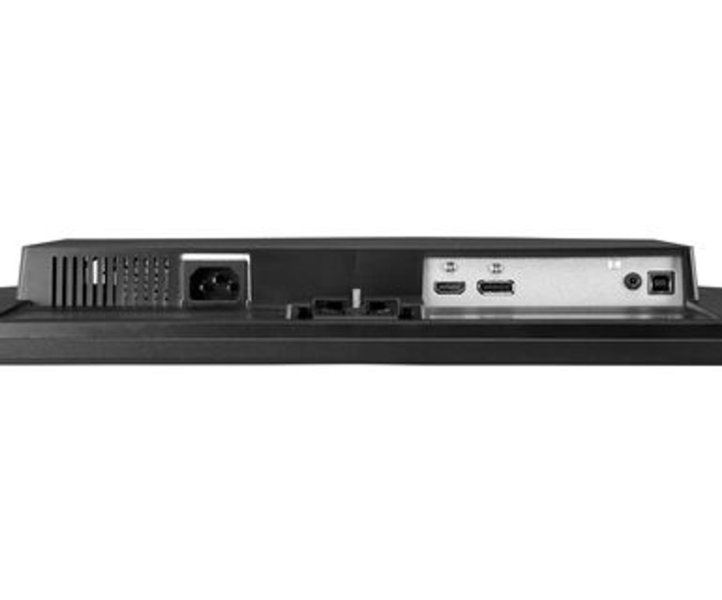 Retro di un monitor per computer nero con porte di alimentazione e ingresso visibili.