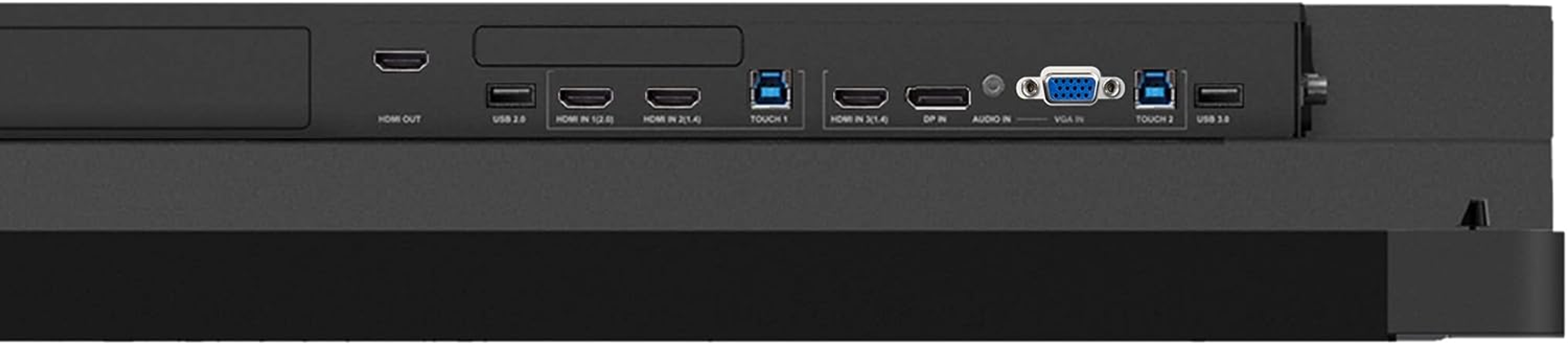 Il pannello posteriore di un display con varie porte per connessioni HDMI, USB, VGA e audio.