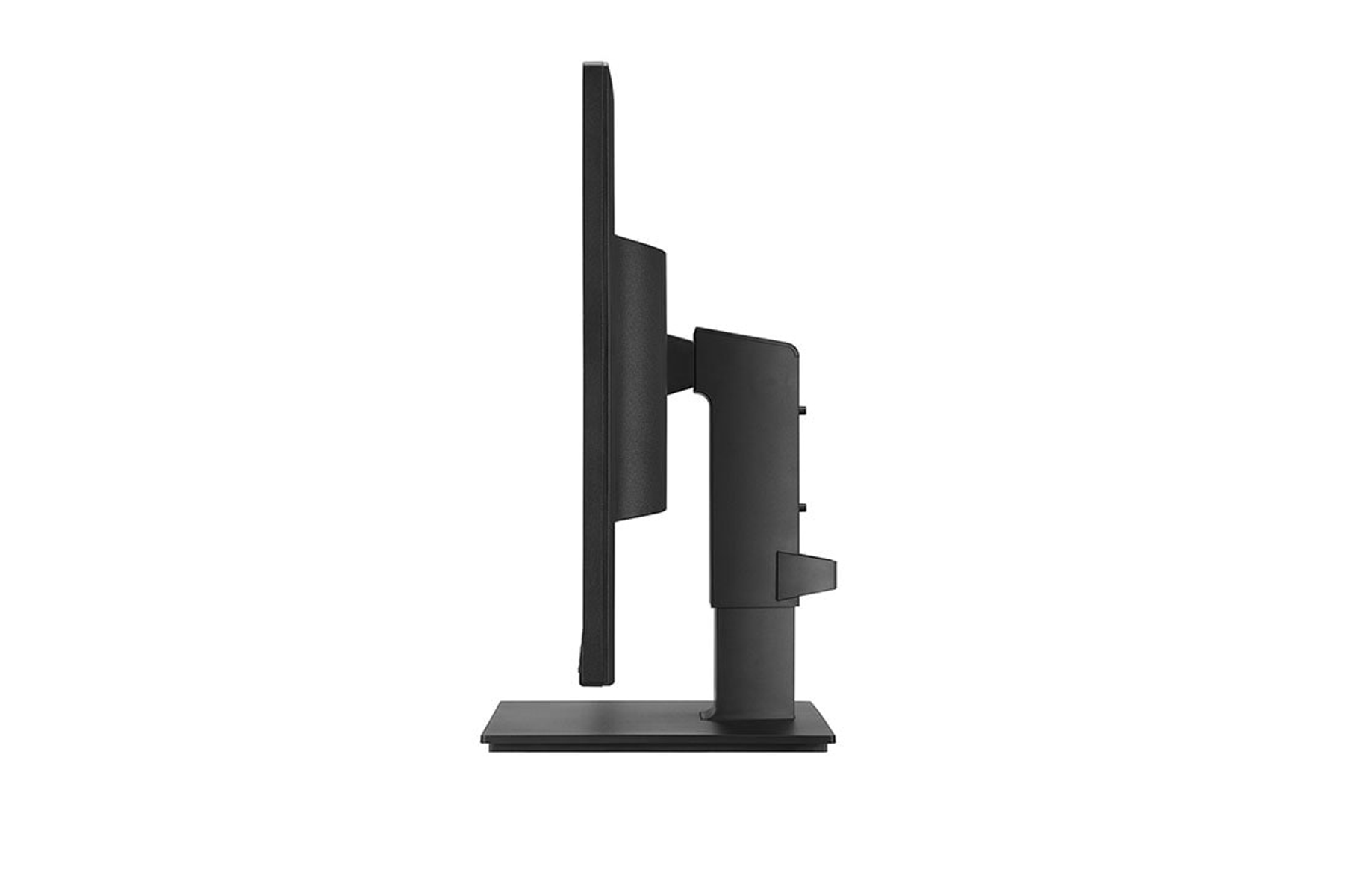 Vista laterale di un monitor per computer nero con supporto.