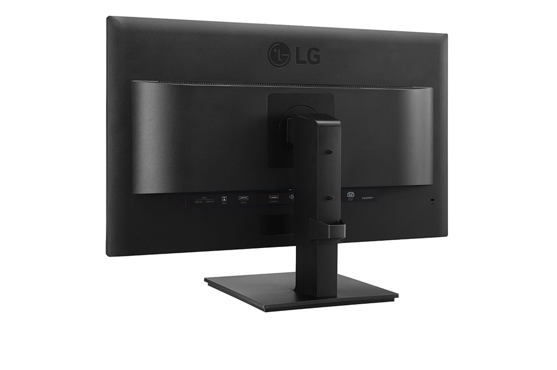 Il retro di un monitor per computer nero con il logo LG. Ha porte per HDMI, USB e altre connessioni.