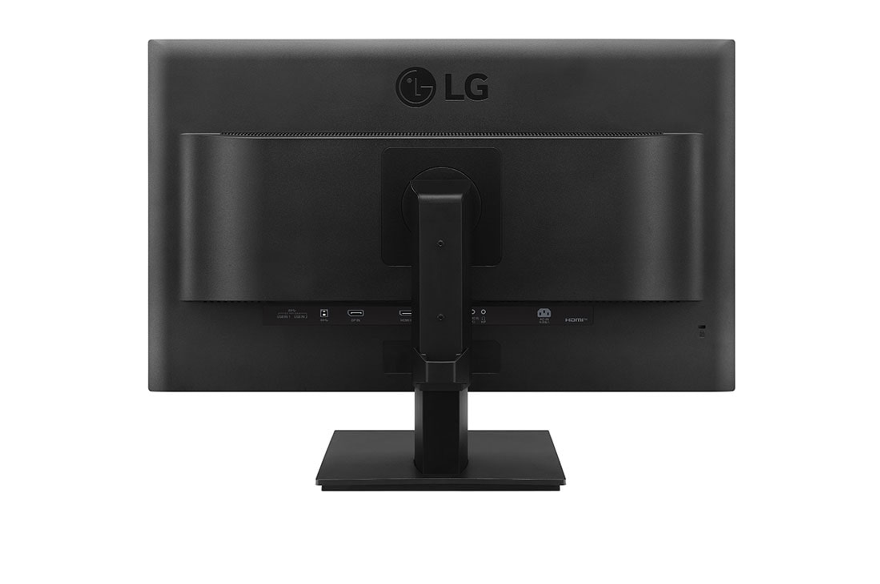 Retro di un monitor LG nero con porte, supporto e logo LG.