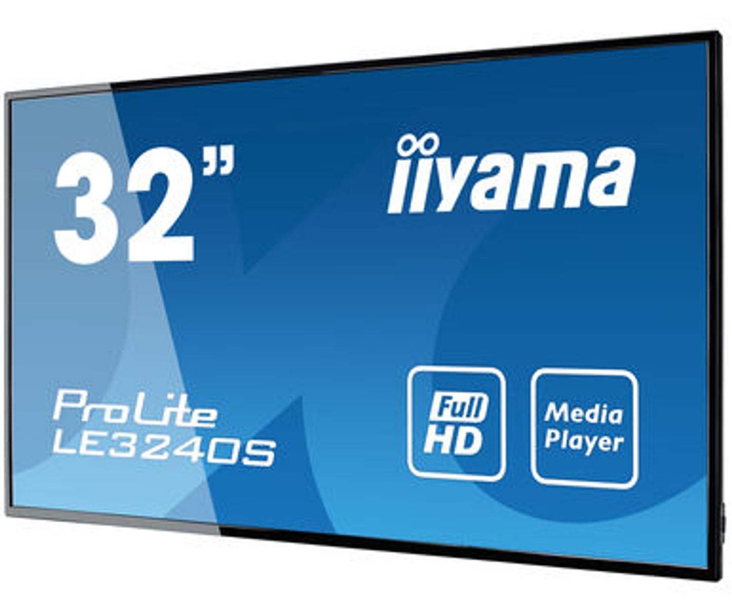 Monitor iiyama de 32 pulgadas con iconos Full HD y Media Player sobre un fondo azul.