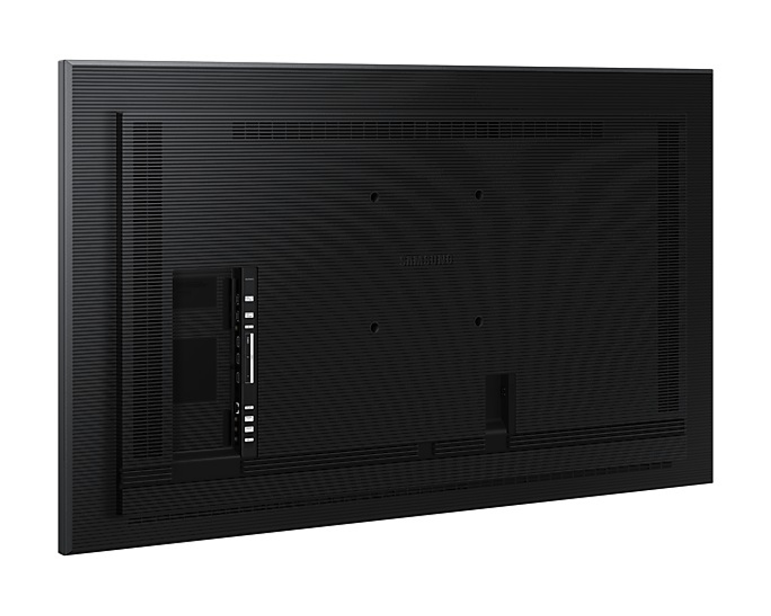 Rückseite eines schwarzen Samsung Fernsehers mit Anschlüssen und Lüftungslöchern.