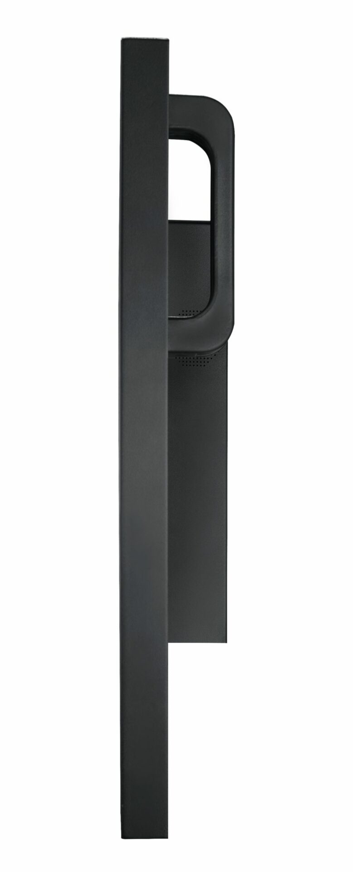 Supporto per monitor nero. Verticale, con un design simile a una maniglia.
