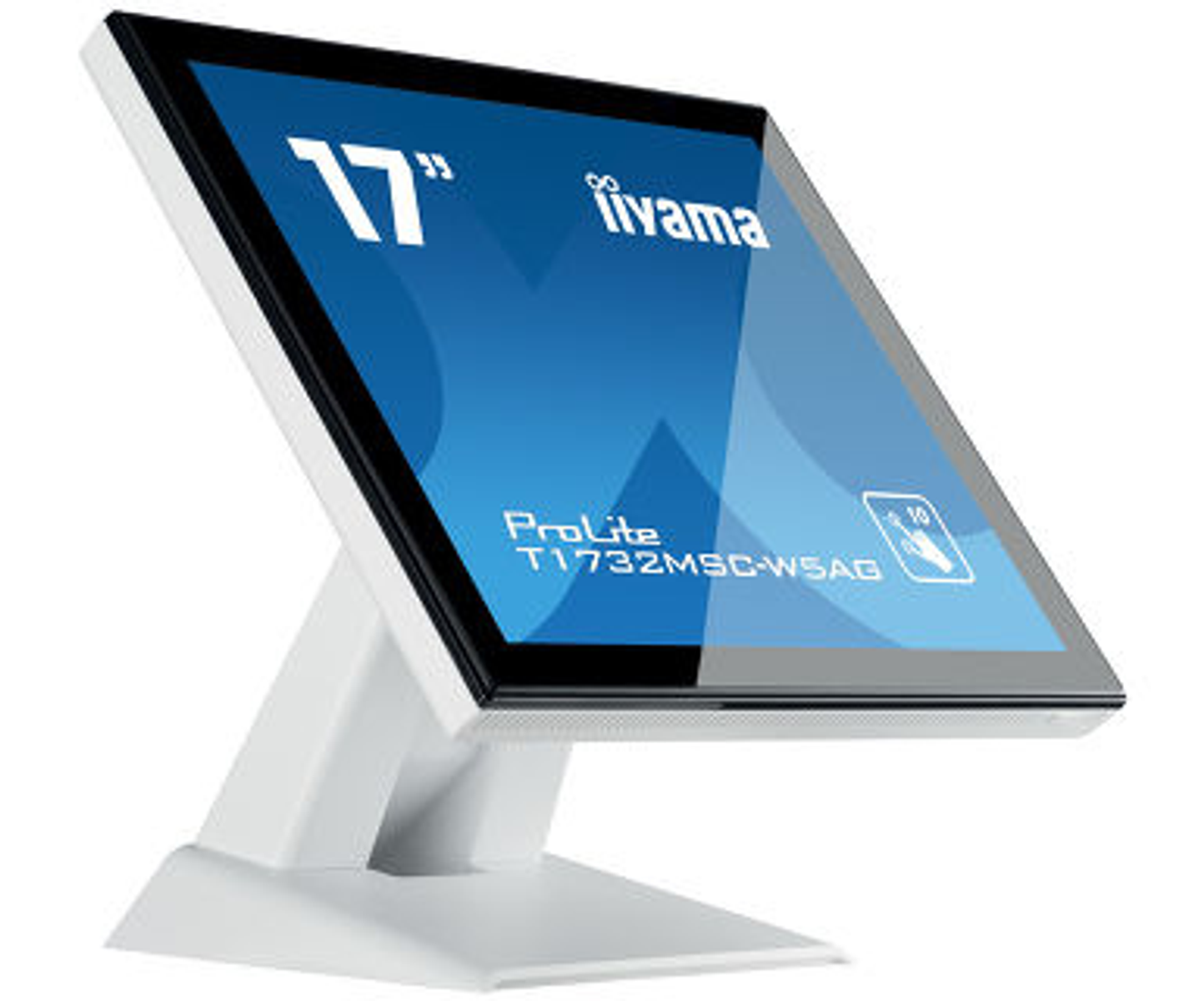 Biały monitor dotykowy Iiyama na białym stojaku z niebieskim wyświetlaczem.