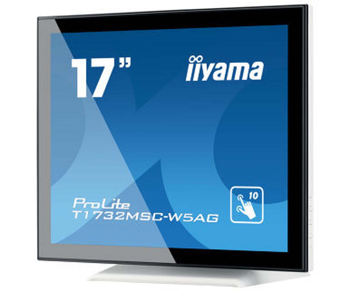 17-calowy monitor z niebieskim ekranem, logo iiyama i inne szczegóły. Czarna ramka.