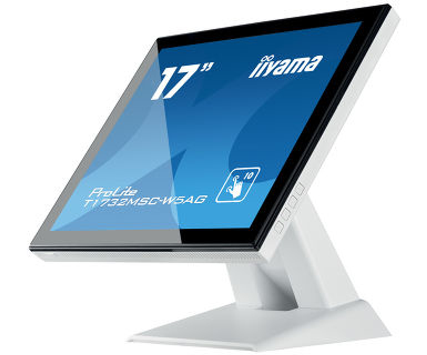Biały monitor z ekranem dotykowym. Niebieski ekran, widok z boku, biała podstawa.