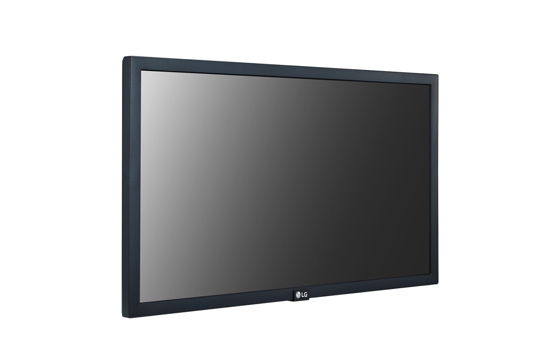 Vista laterale di un monitor nero con schermo spento. Rettangolare, profilo sottile.