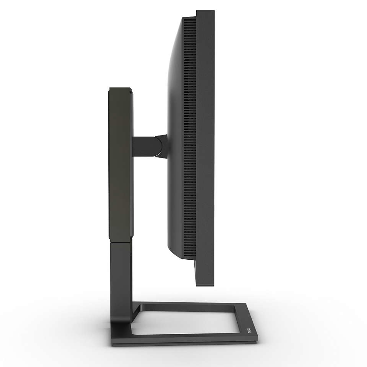 Widok z boku czarnego monitora komputerowego. Ekran jest czarny. Podstawa jest kwadratowa. Wyłączony.