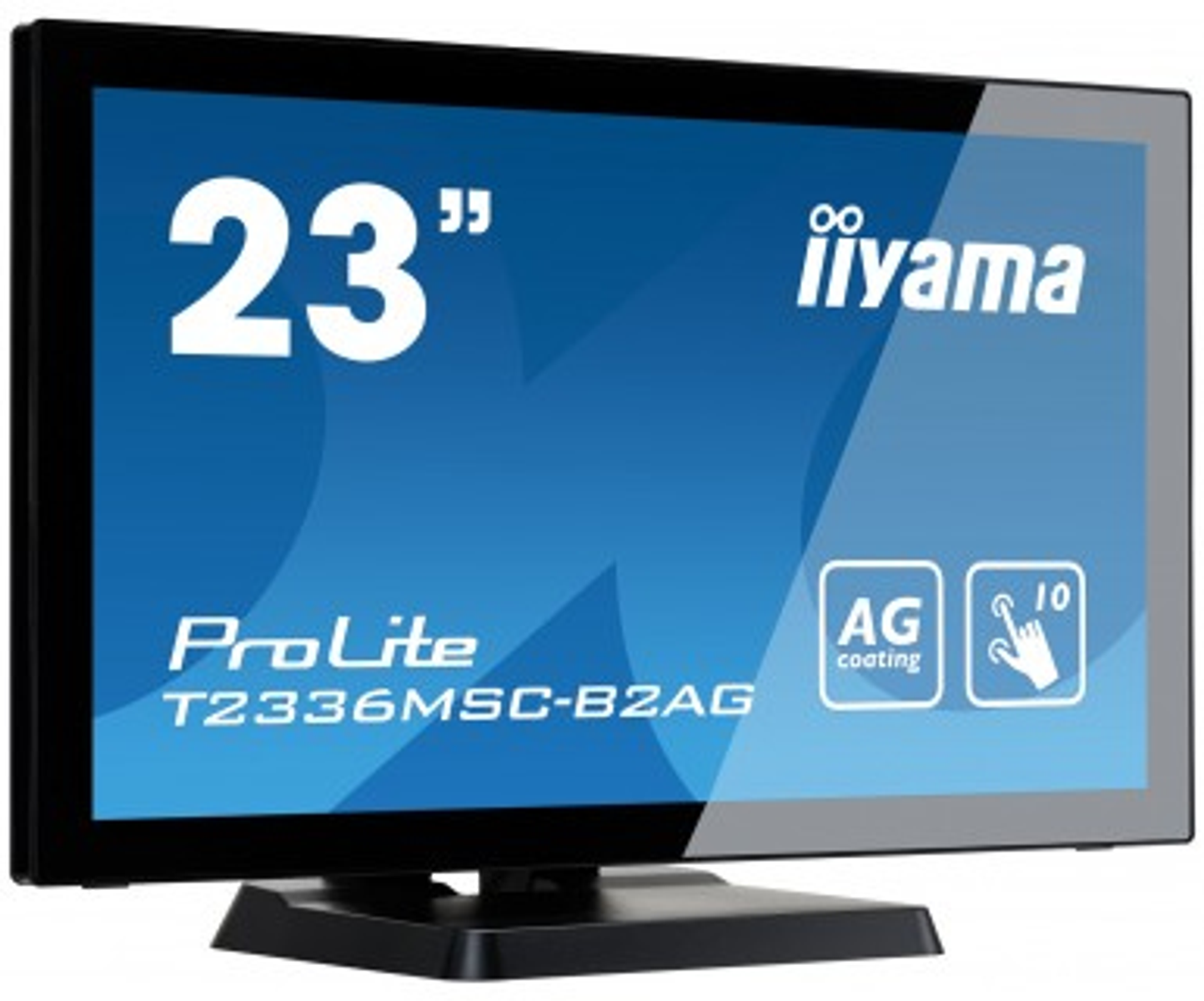 23-Zoll Iiyama ProLite Touchscreen-Monitor. Schwarzer Rahmen, blauer Bildschirm mit Text und Berührungssymbolen.