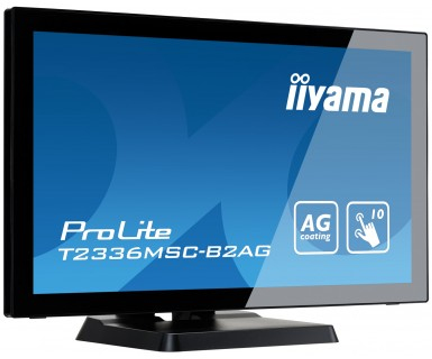 Ein Computermonitor mit blauem Bildschirm, dem Markennamen iiYama und Touchscreen-Symbolen.
