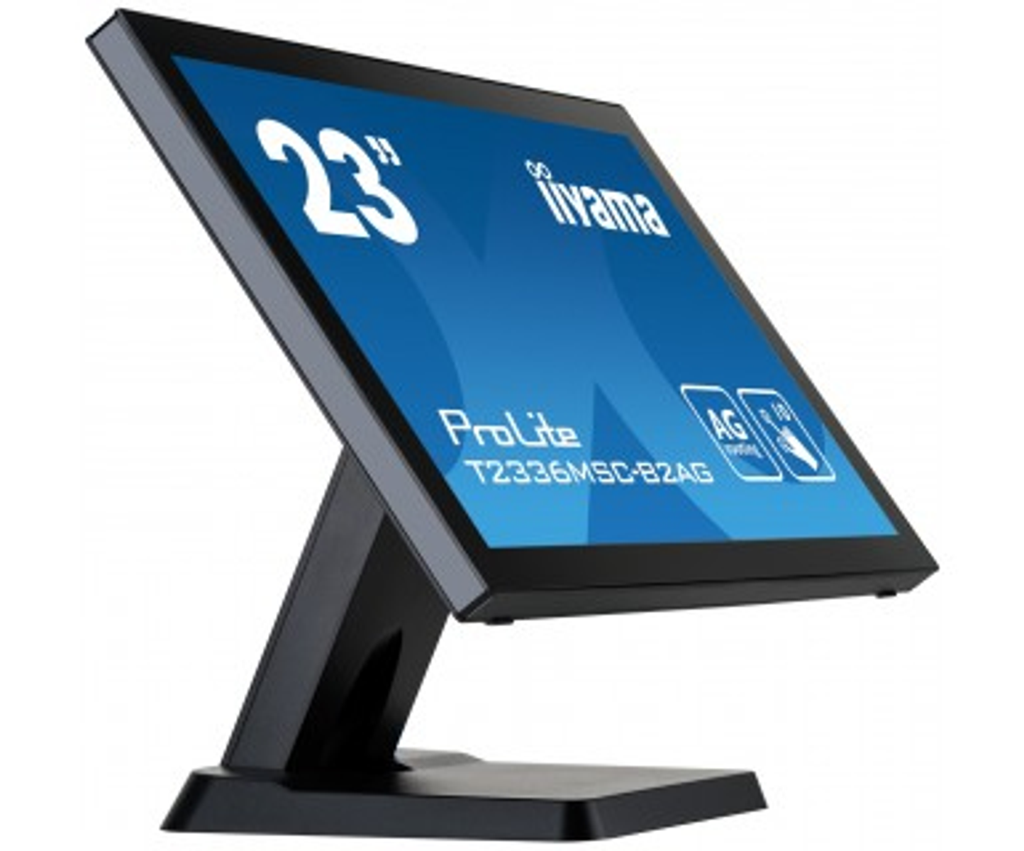 Schwarzer Touchscreen-Monitor auf einem Ständer. Der Bildschirm zeigt '23"' und 'iiyama' mit blauem Hintergrund.