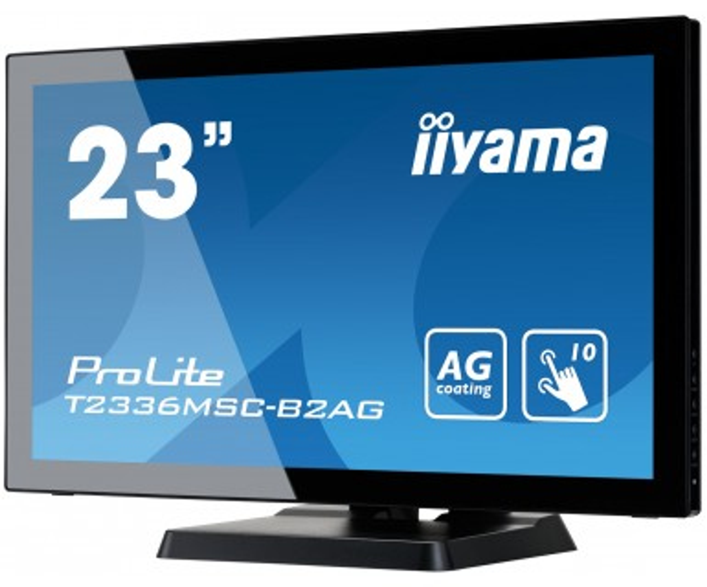 Ein schwarzer Touchscreen-Monitor mit dem Text '23"' und 'iiyama'.
