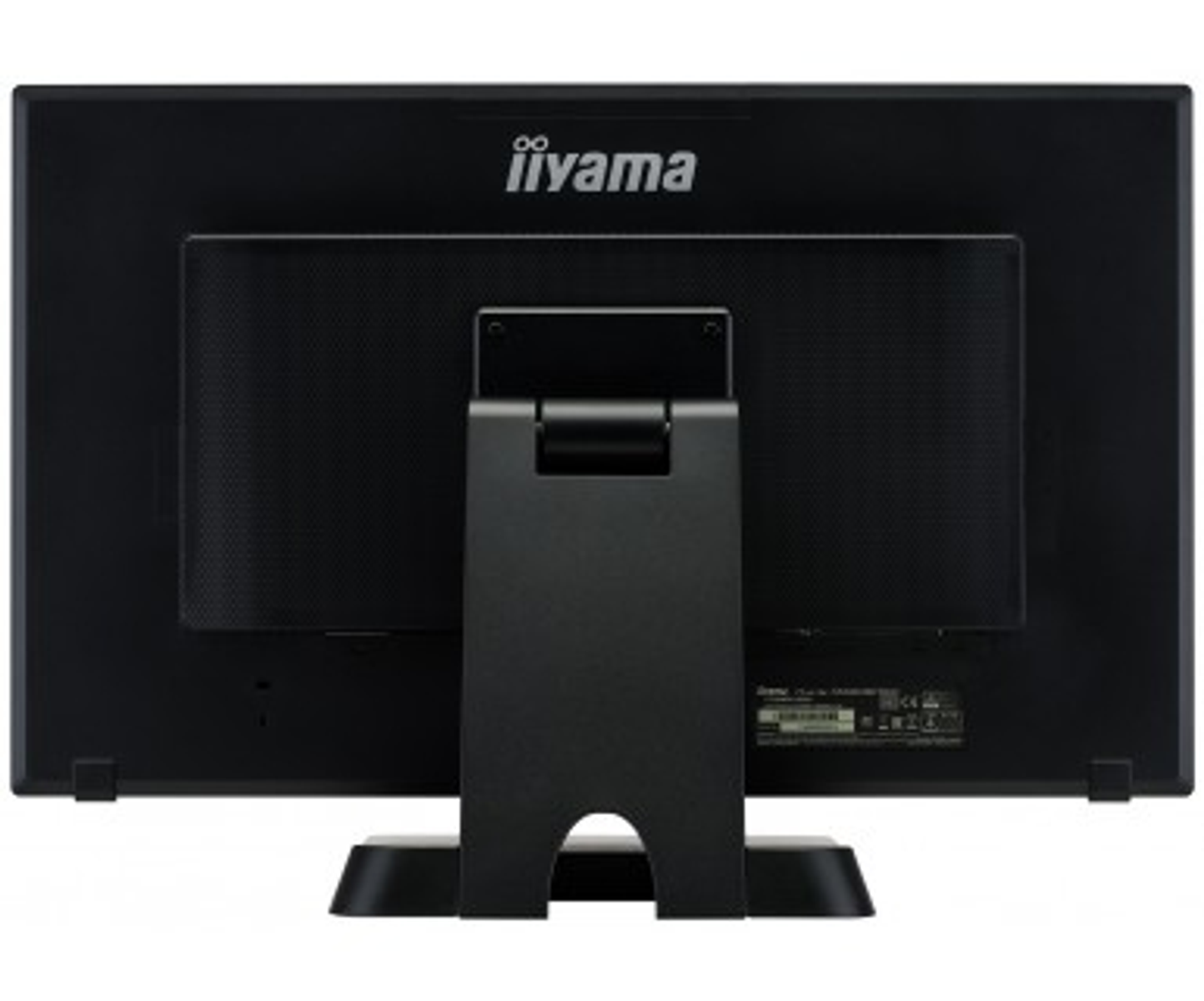 Die Rückseite eines schwarzen Computermonitors auf einem Ständer.