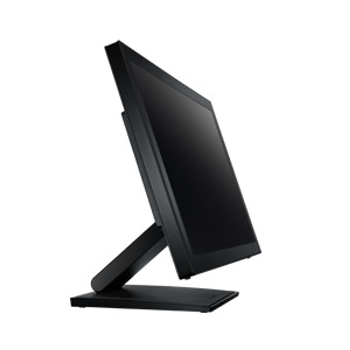 A black monitor angled towards the viewer, showing a black screen.
