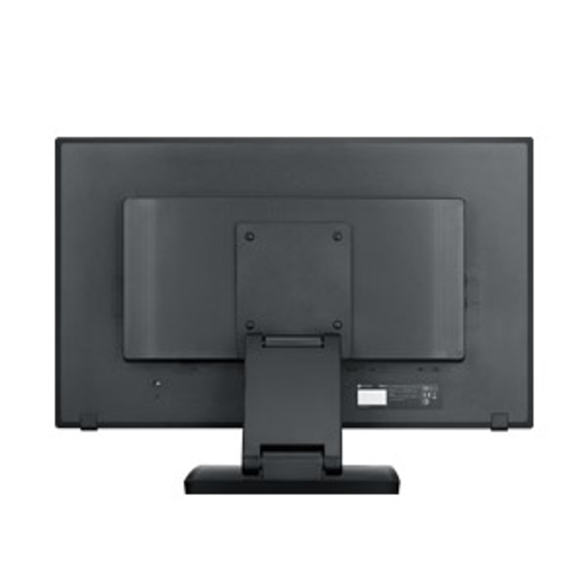 Back view of a black computer monitor. The stand and mounting plate are also black.