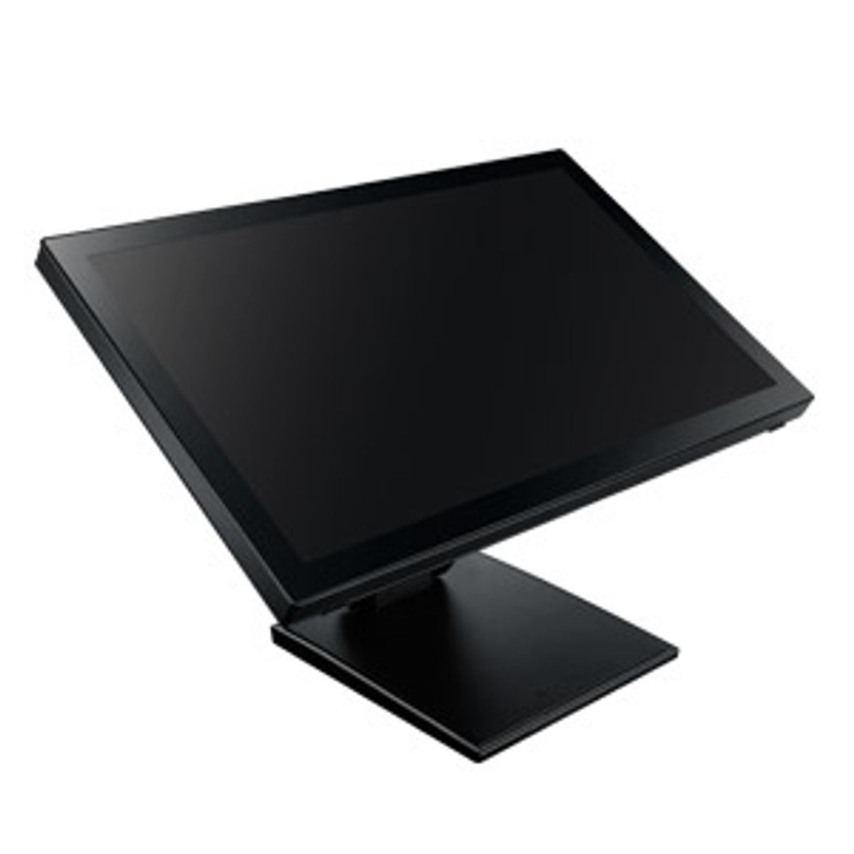 A black touchscreen display, tilted upwards, on a black base, likely for retail use.