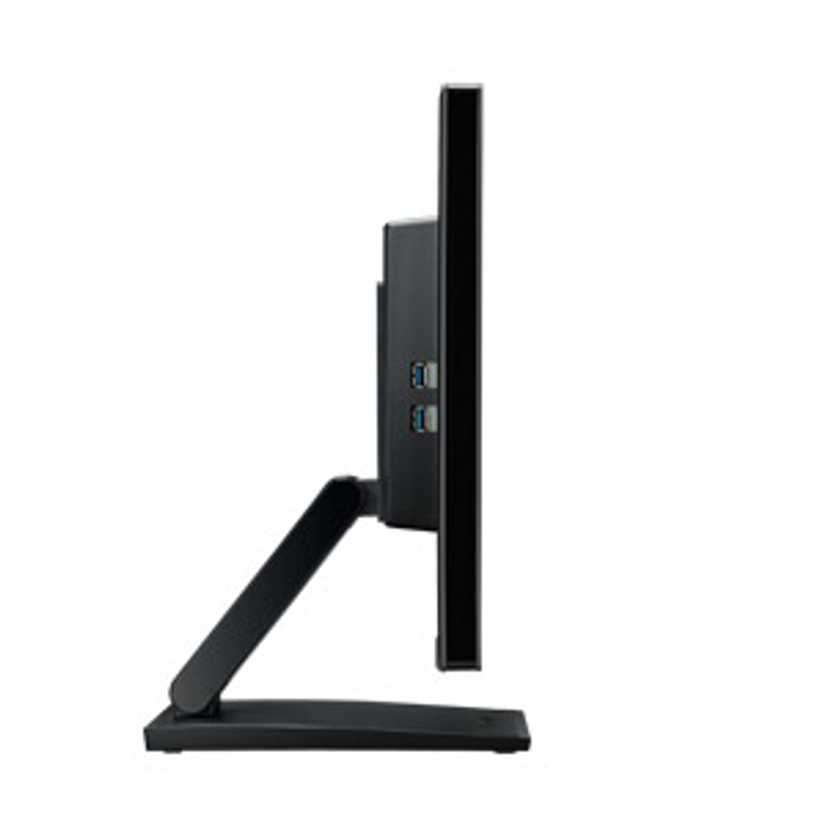 Side view of a black computer monitor with a black stand, on a white background.