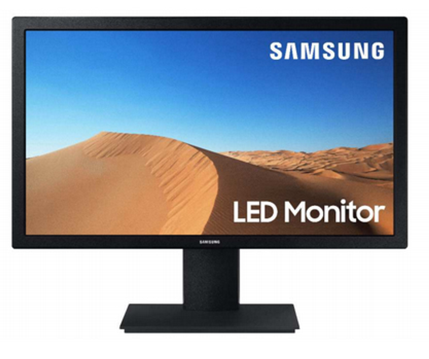 Monitor nero con scena desertica sullo schermo, testo 'SAMSUNG' e 'LED Monitor'.