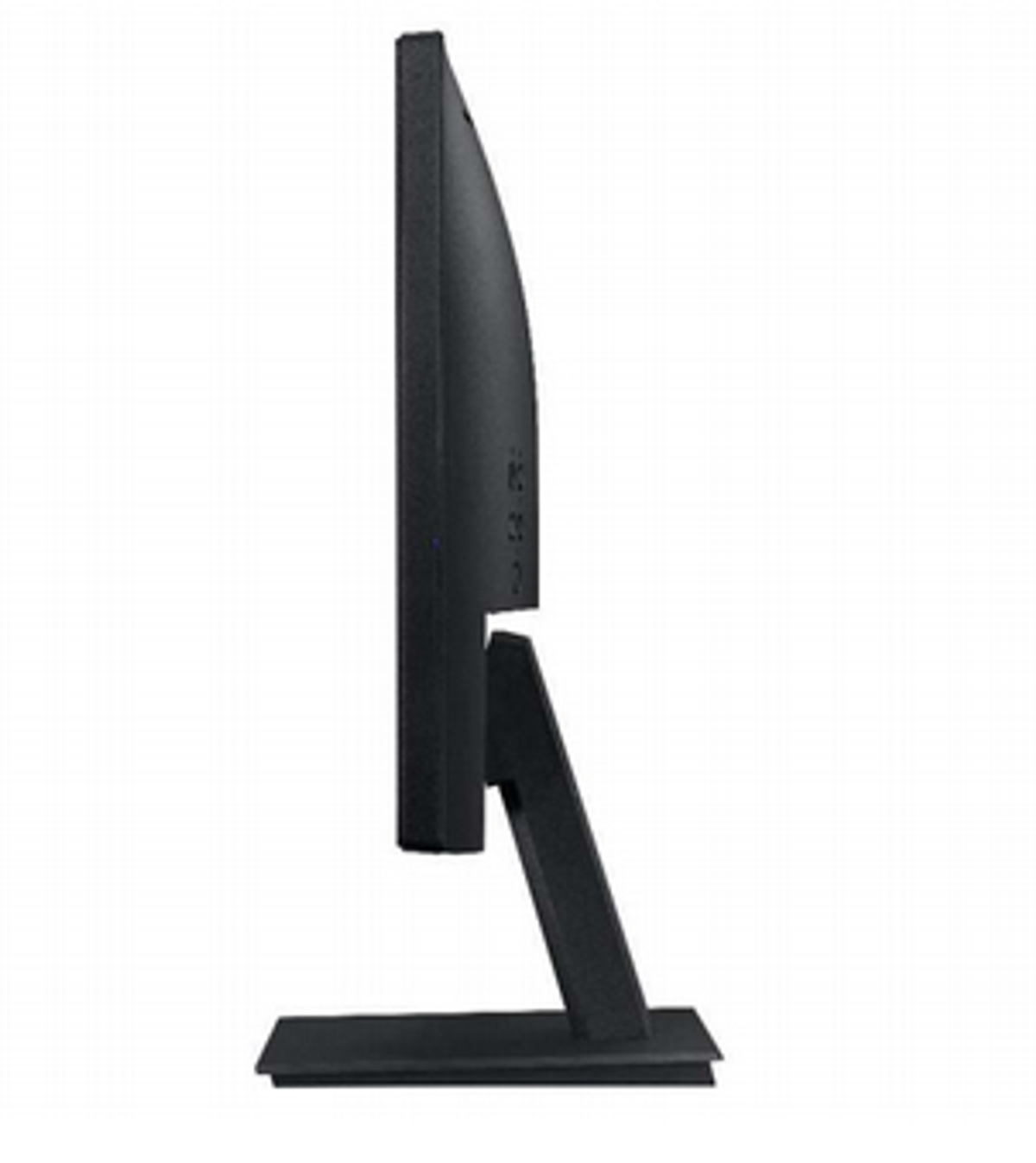 Un monitor nero di lato, che mostra un design elegante e un supporto.