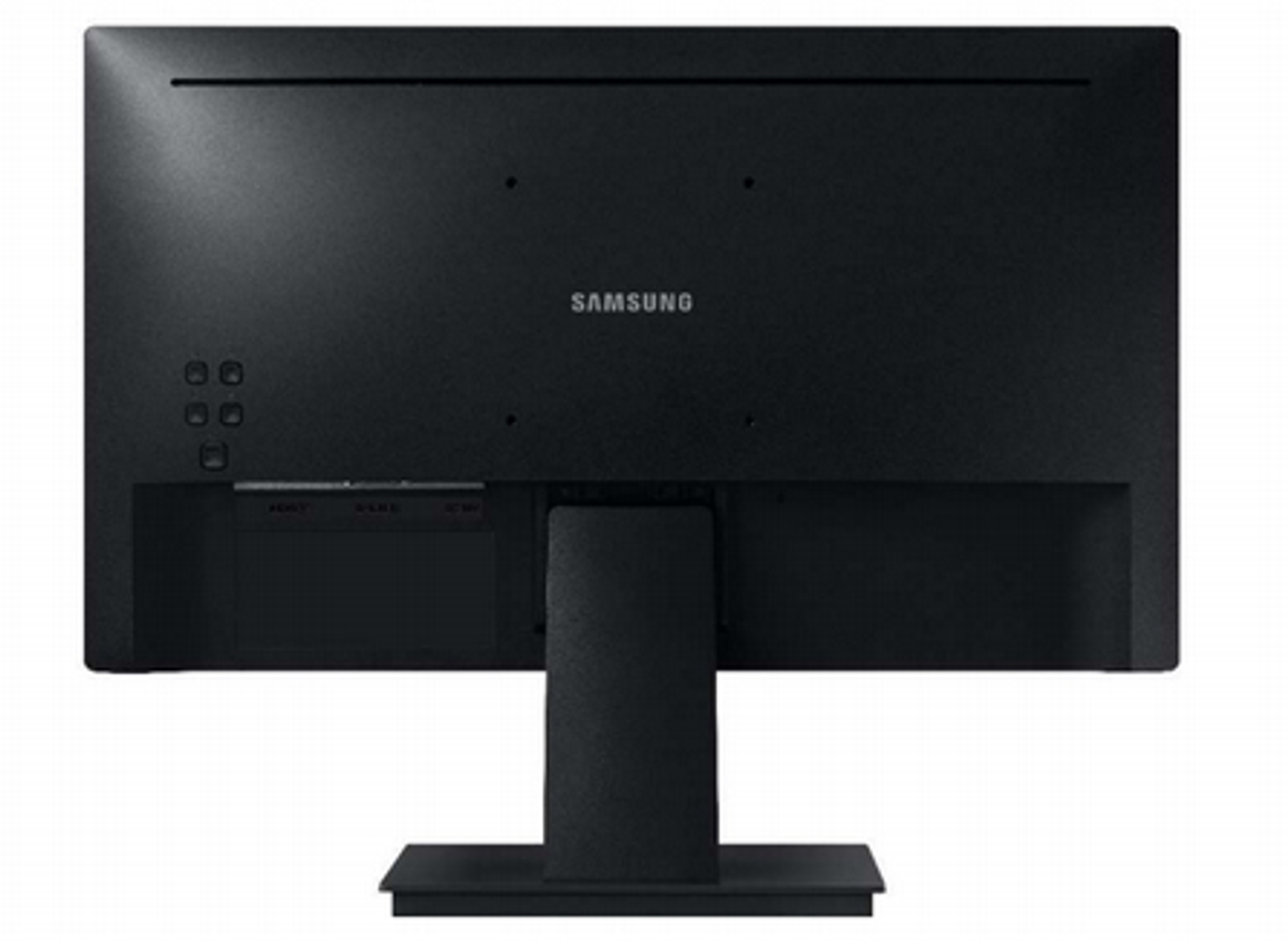 Retro di un monitor per computer nero con varie porte e il logo Samsung, su sfondo bianco.