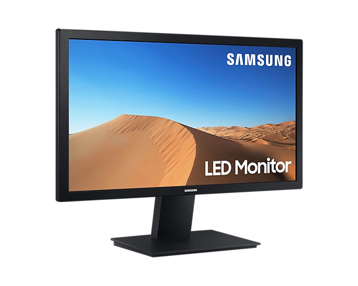 Monitor per computer nero con supporto nero. Lo schermo mostra una scena desertica.