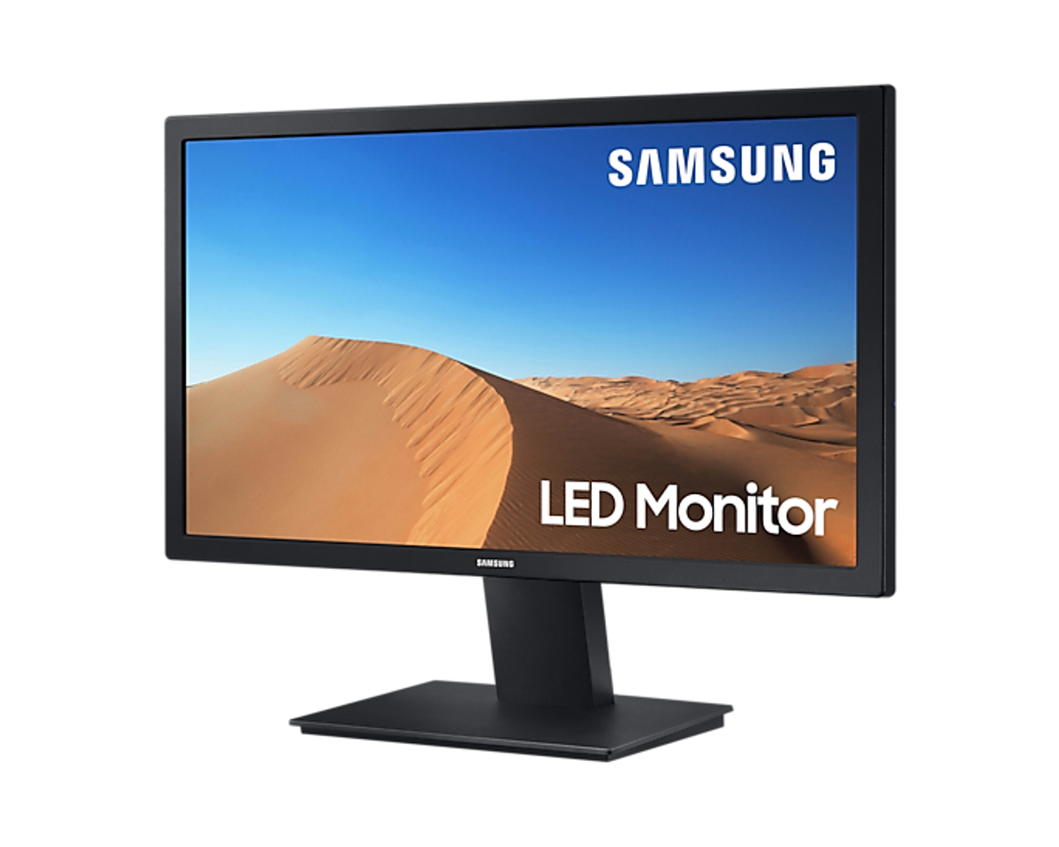 Monitor nero con supporto nero, che mostra un paesaggio desertico con cielo blu.