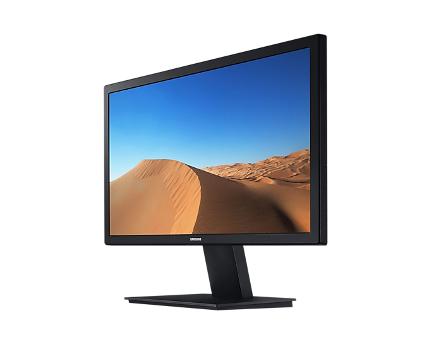 Un monitor che mostra un paesaggio desertico sotto un cielo blu.