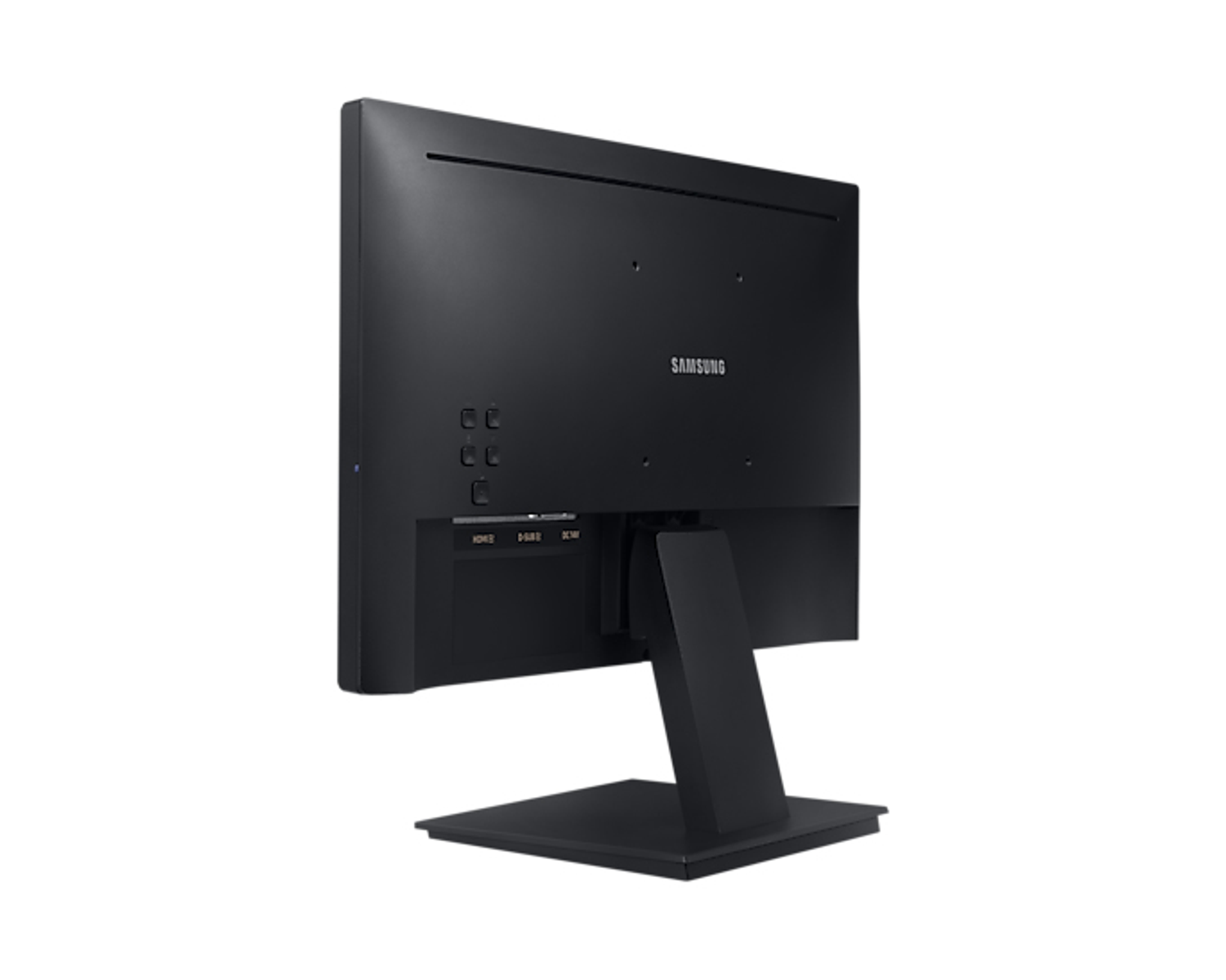 Il retro di un monitor Samsung nero con supporto e porte. Il logo Samsung è visibile.