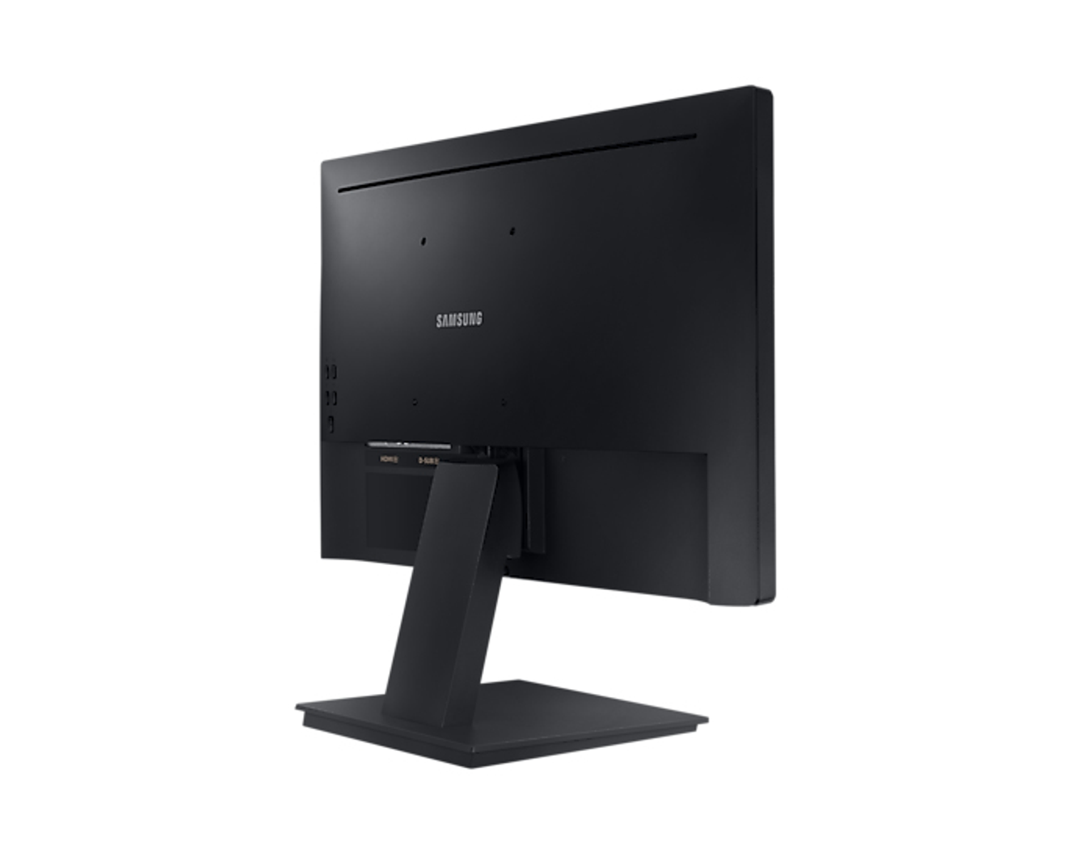 La vista posteriore di un monitor Samsung nero, che mostra il supporto, le porte e il logo Samsung.