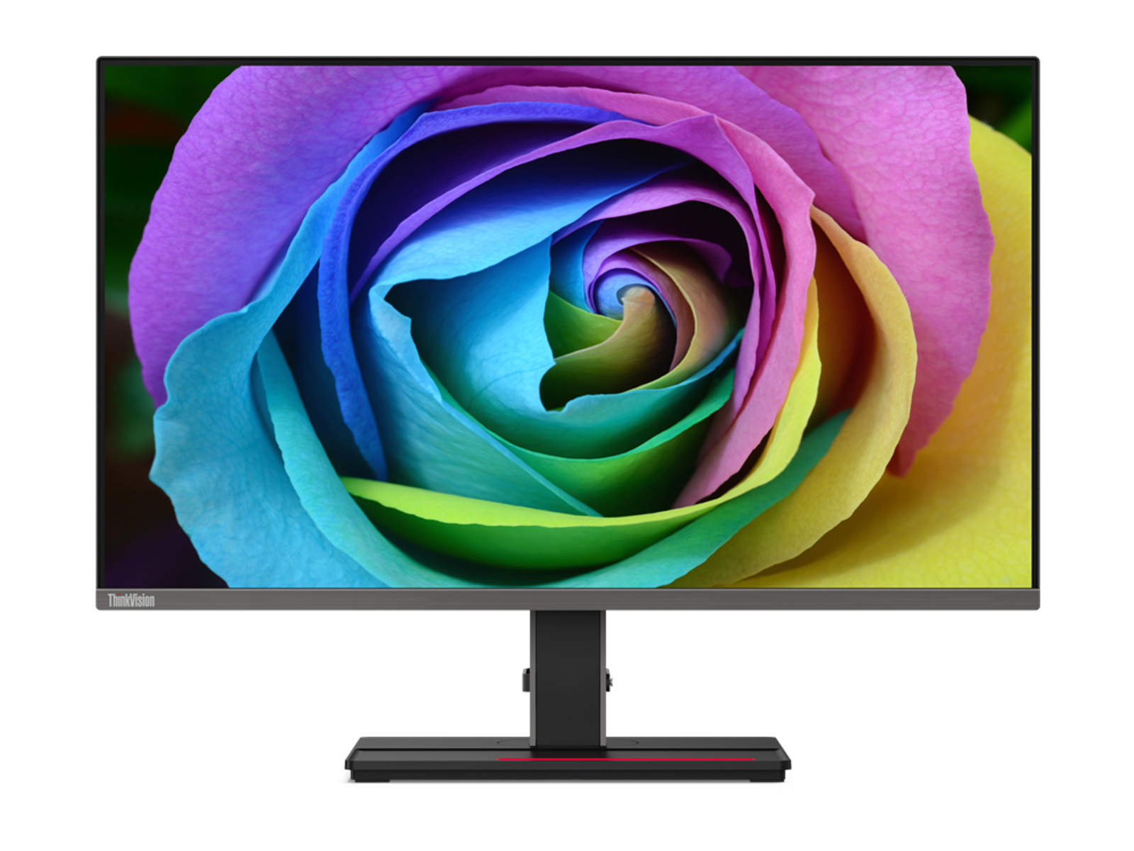 Monitor Lenovo ThinkVision que muestra una imagen de rosa colorida con pétalos de arcoíris y un soporte negro.