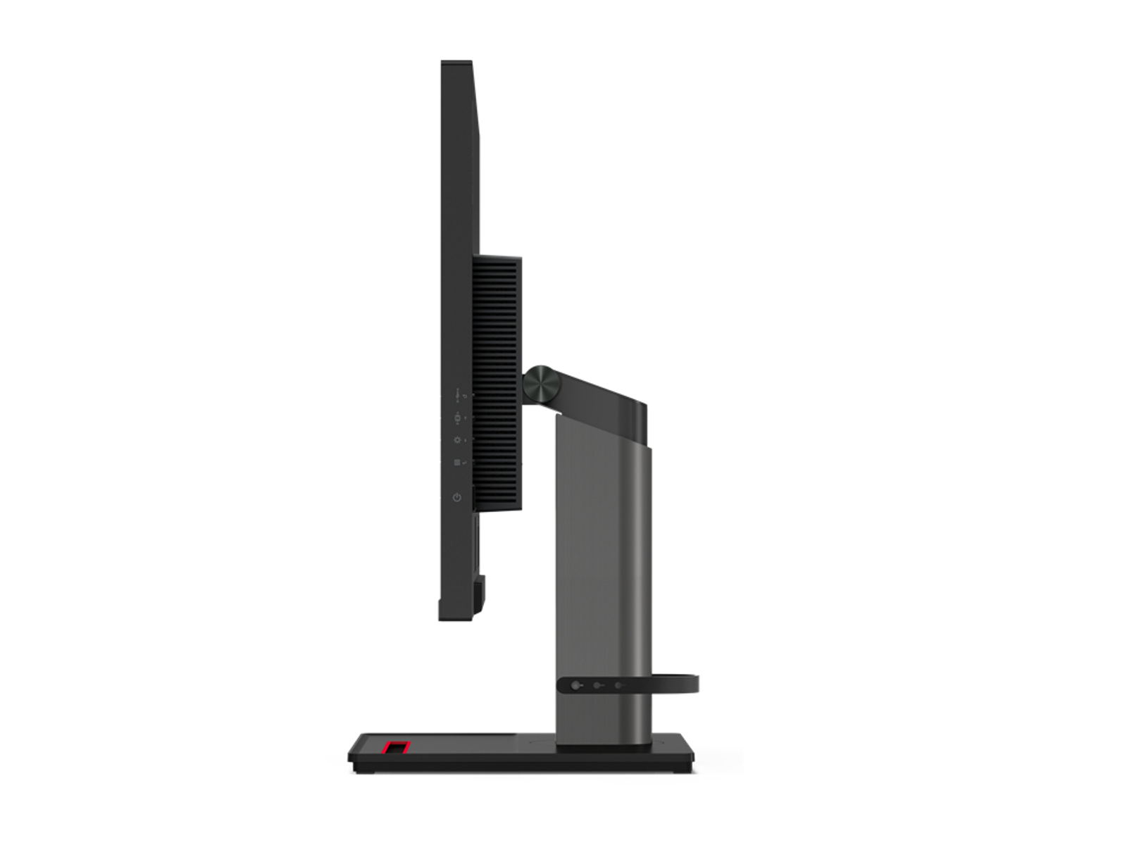 Una vista lateral de un monitor de ordenador con soporte y pantalla negra.