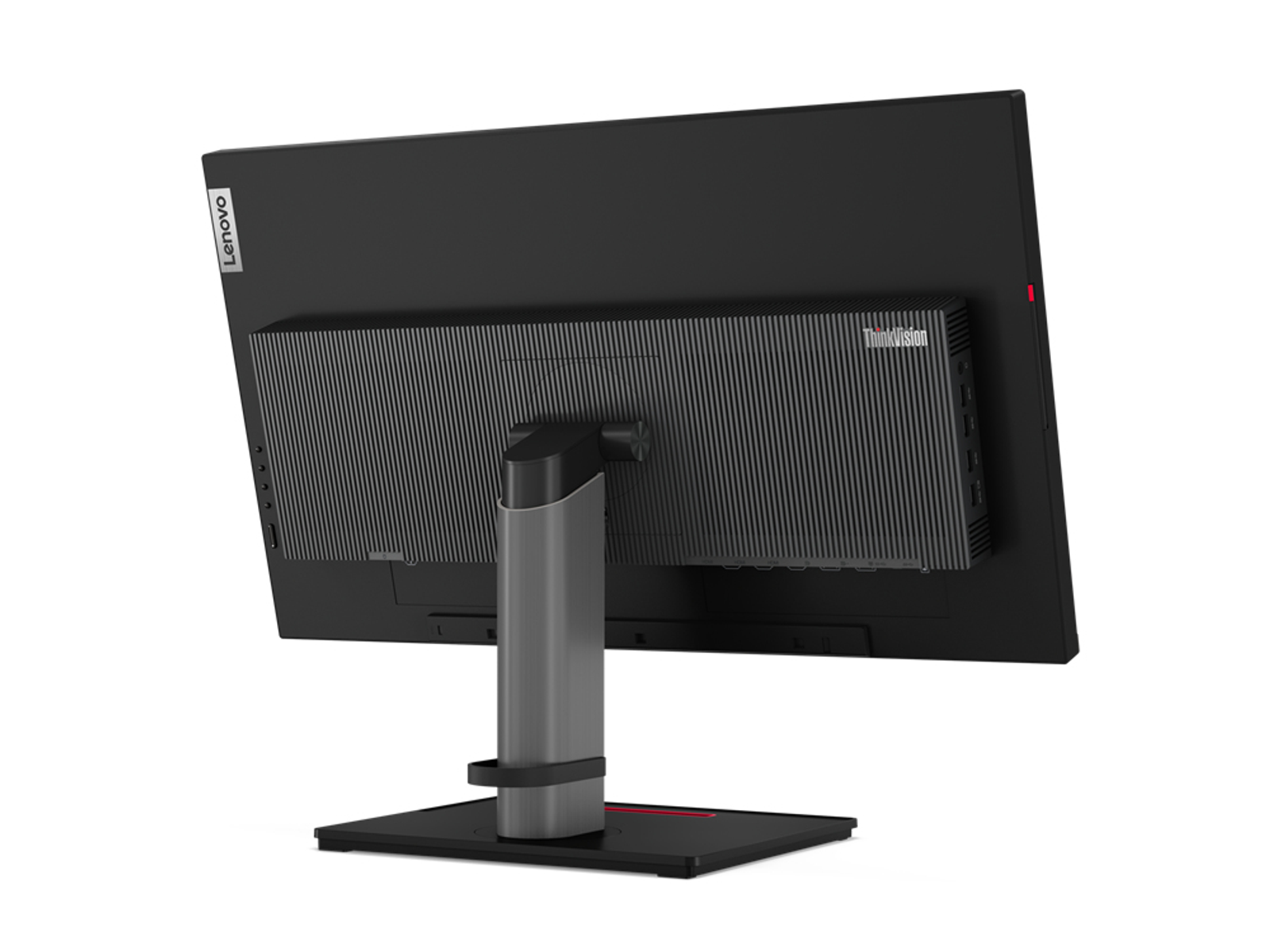 Monitor Lenovo ThinkVision negro desde la parte trasera. Tiene un soporte.