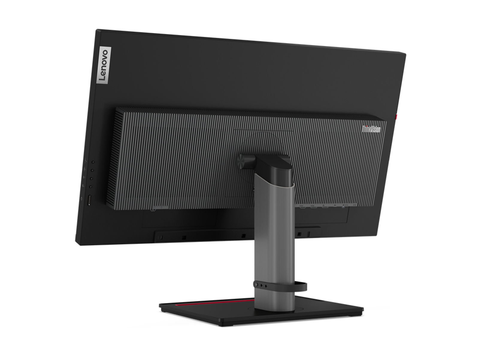 Vista trasera de un monitor Lenovo. Pantalla negra, soporte plateado con línea roja.