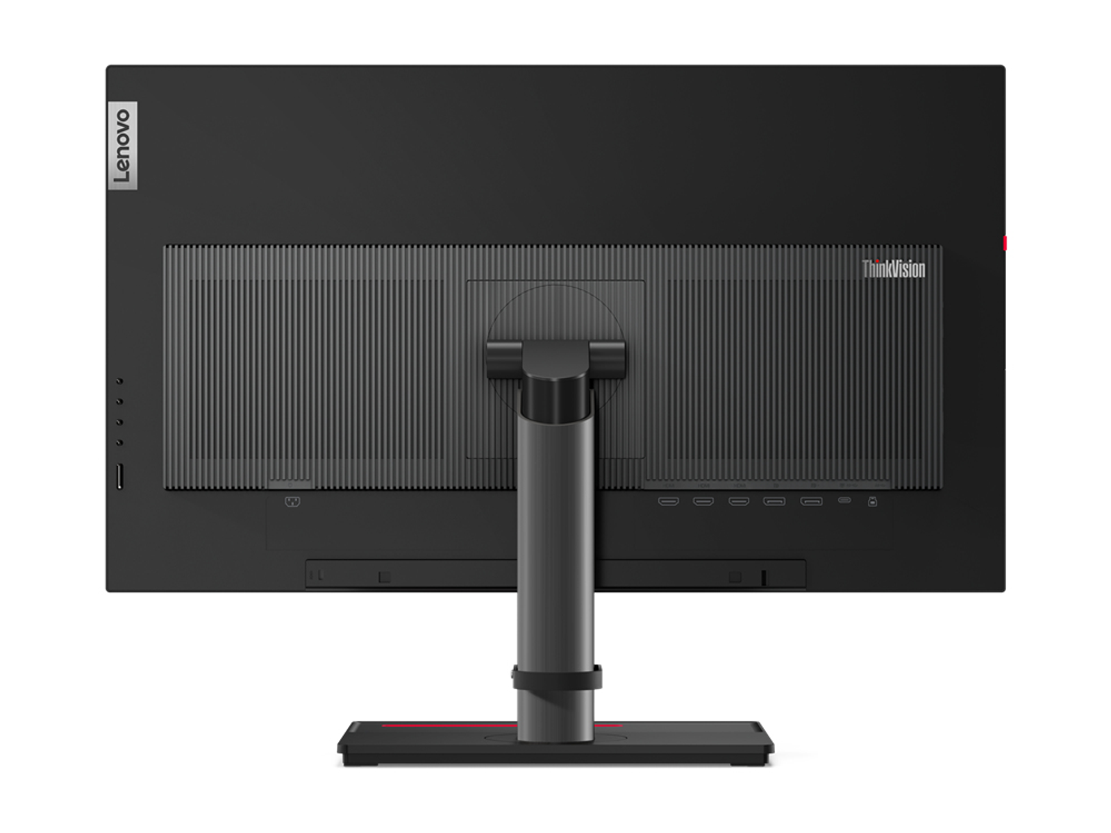 Parte trasera del monitor Lenovo ThinkVision. Negro con logotipo de Lenovo y varios puertos. Soporte adjunto.