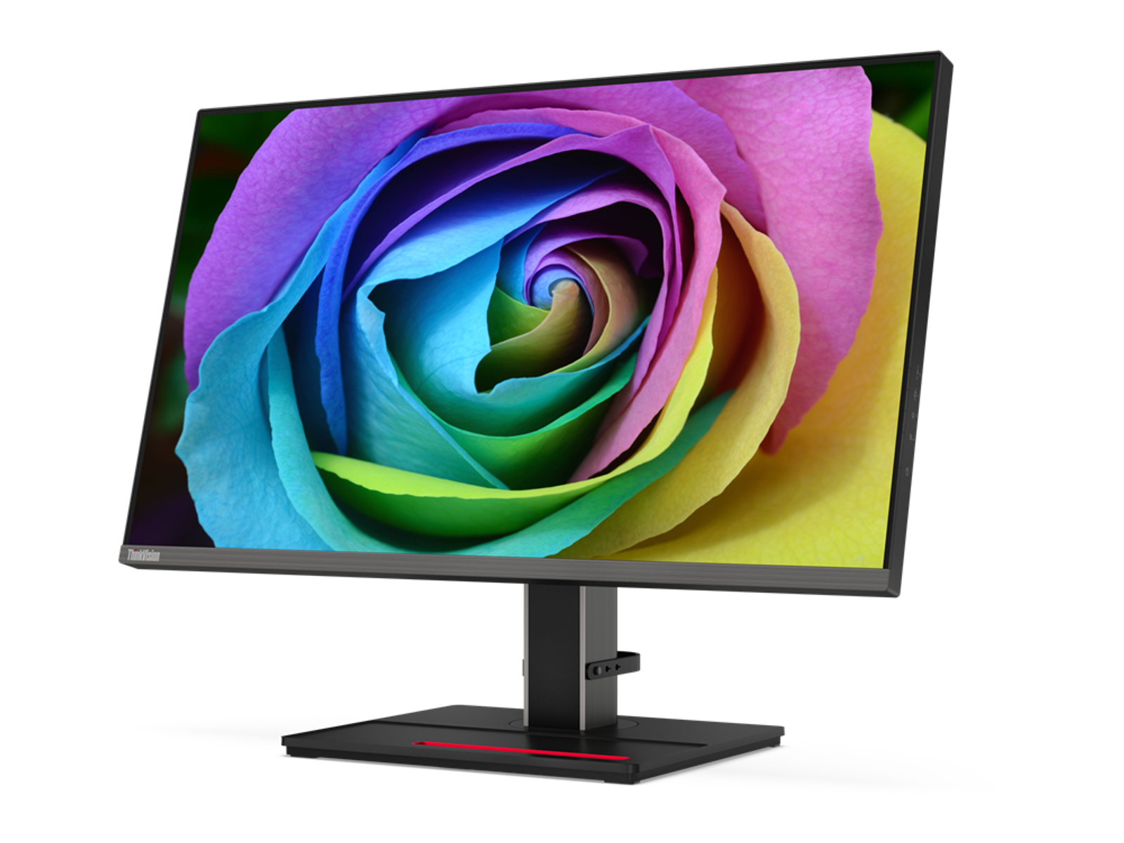 Monitor de computadora que muestra una rosa colorida, de arcoíris sobre un fondo blanco.