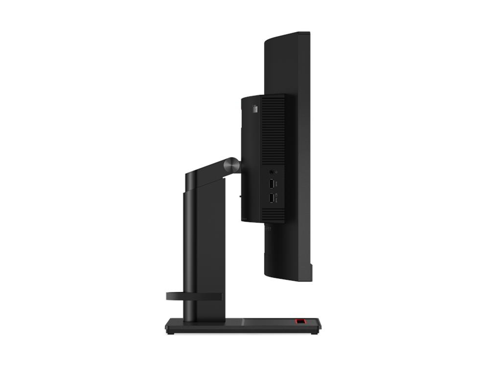 Schwarzer Computermonitor, Seitenansicht. Er hat einen Ständer und einen kleinen Computer daran.