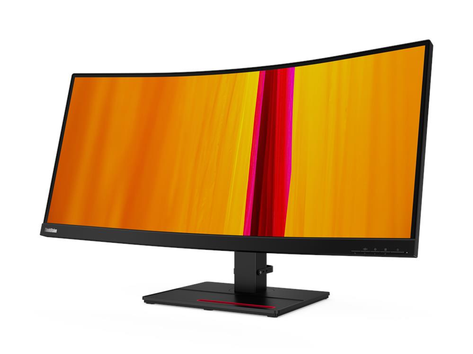 Ein gebogener Computermonitor auf einem schwarzen Ständer. Der Bildschirm zeigt ein buntes Bild.