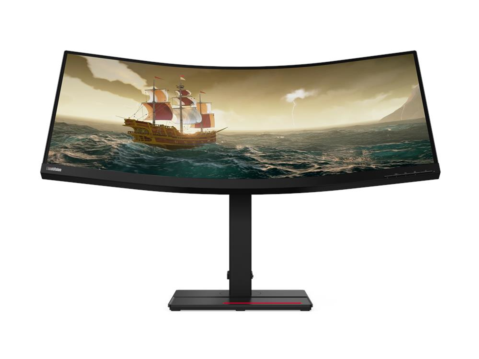 Ein gebogener Computermonitor zeigt ein Schiff auf dem Meer mit bewölktem Himmel.