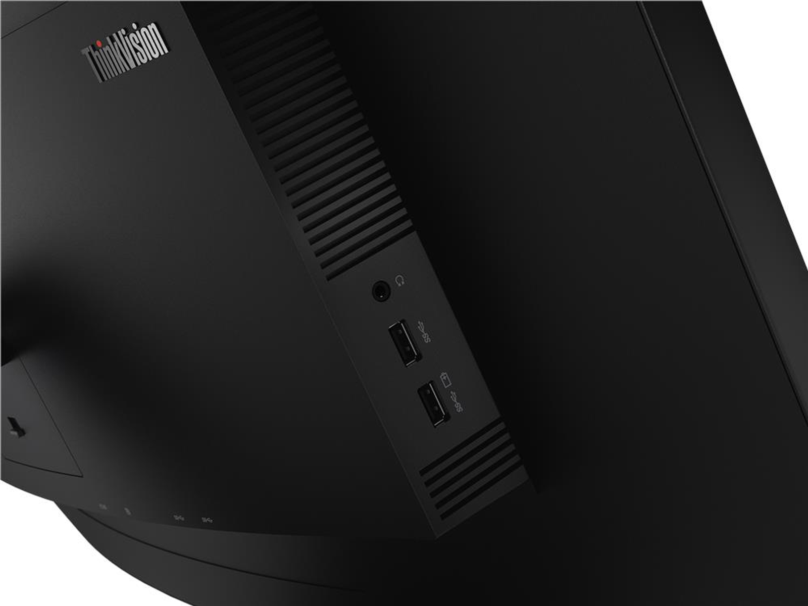 Schwarzer Monitor mit ThinkVision Logo, Kopfhöreranschluss und USB-Anschlüssen.