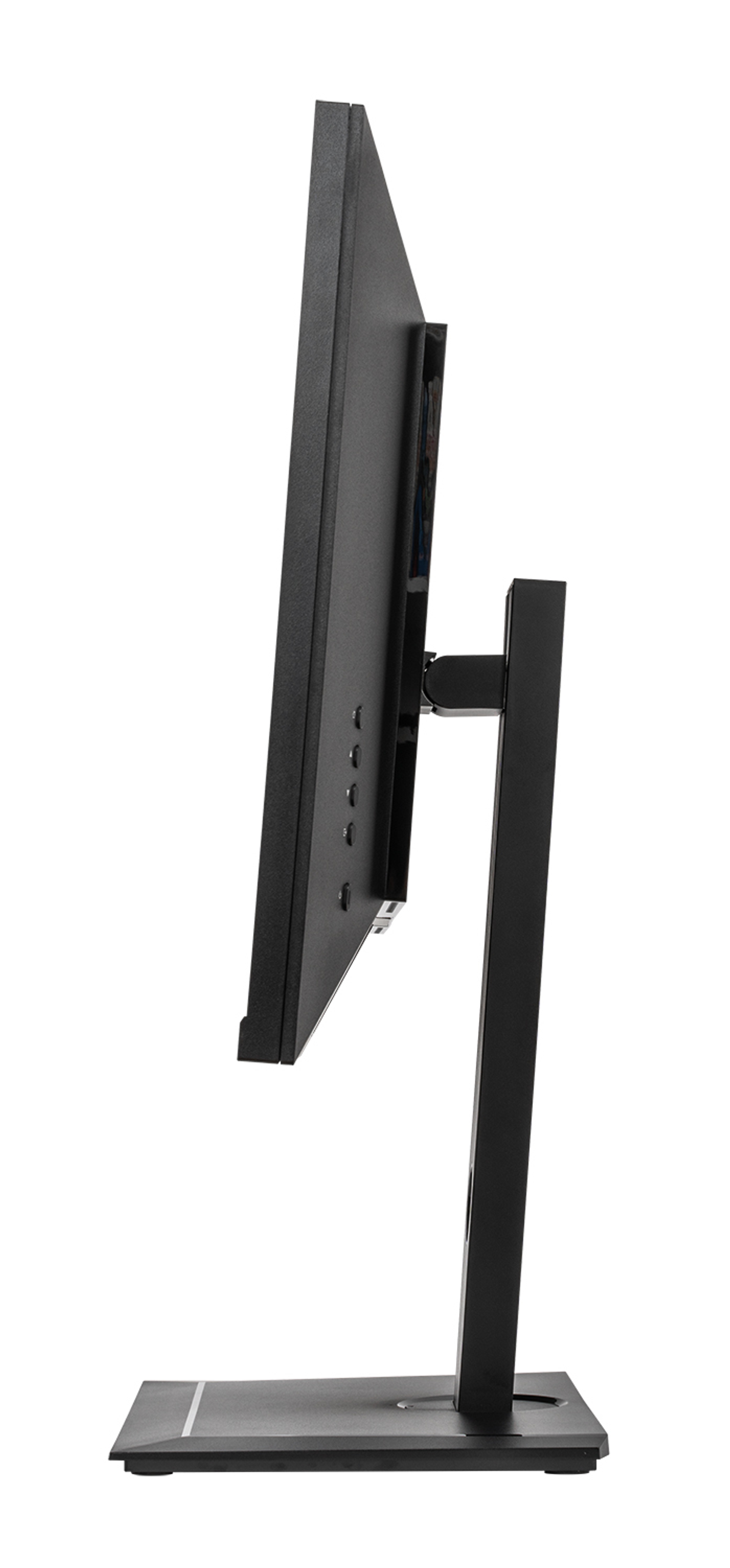 Widok z boku czarnego monitora komputerowego na stojaku. Ekran jest czarny.