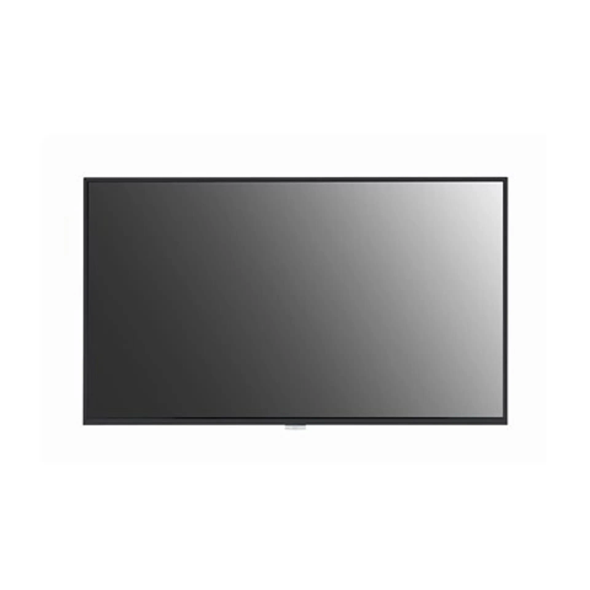Un grande schermo TV rettangolare con una cornice nera è centrato su uno sfondo bianco. Lo schermo è grigio scuro.