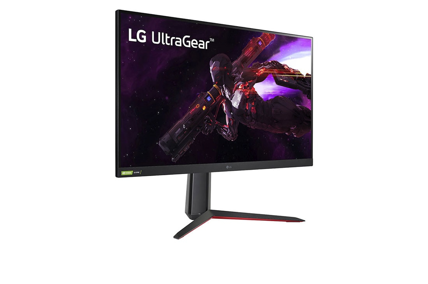 Un monitor LG UltraGear con una imagen futurista, sobre un fondo blanco.