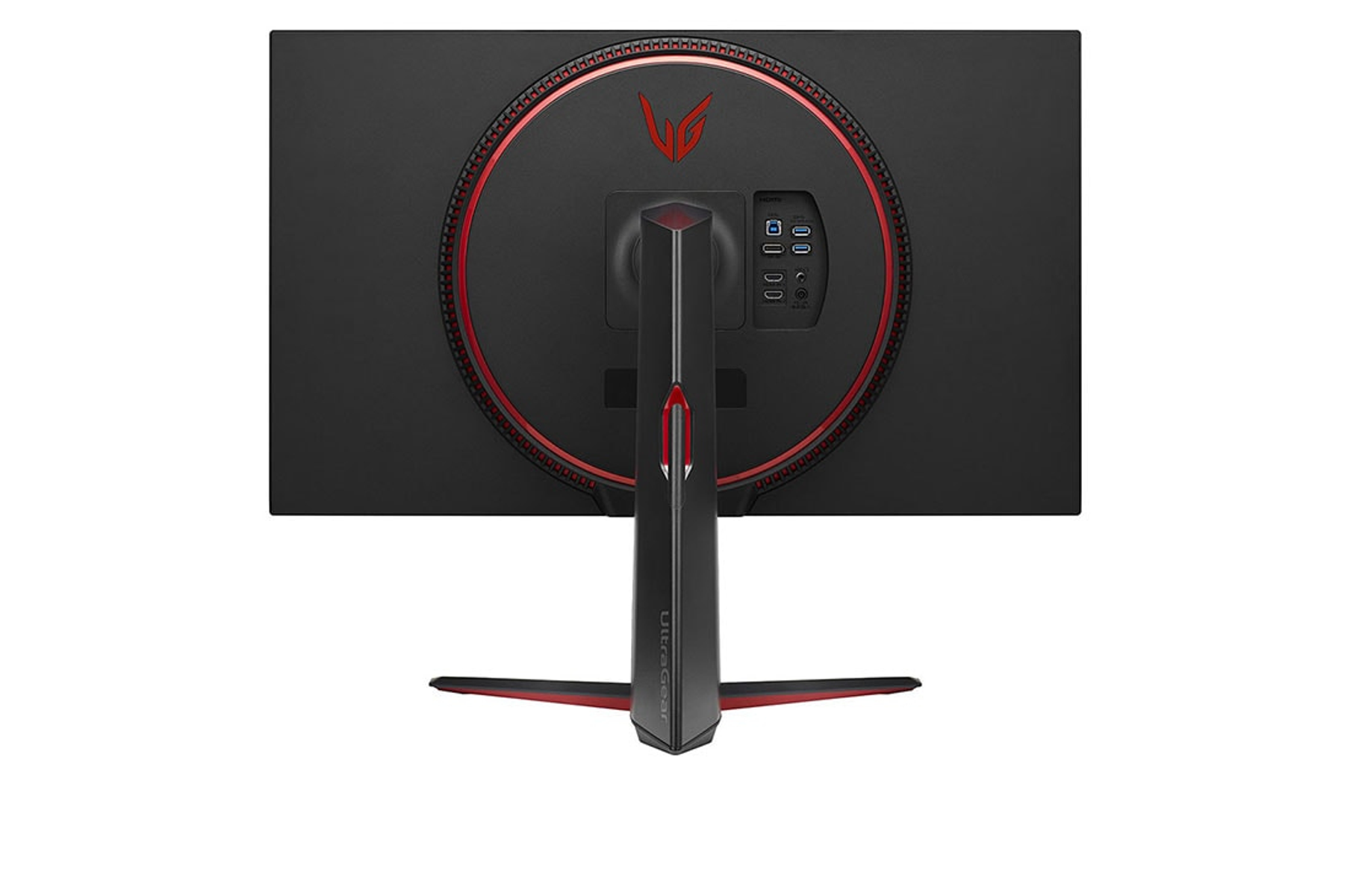 La parte trasera de un monitor negro con un anillo y soporte rojos, visible el logotipo Ultragear.