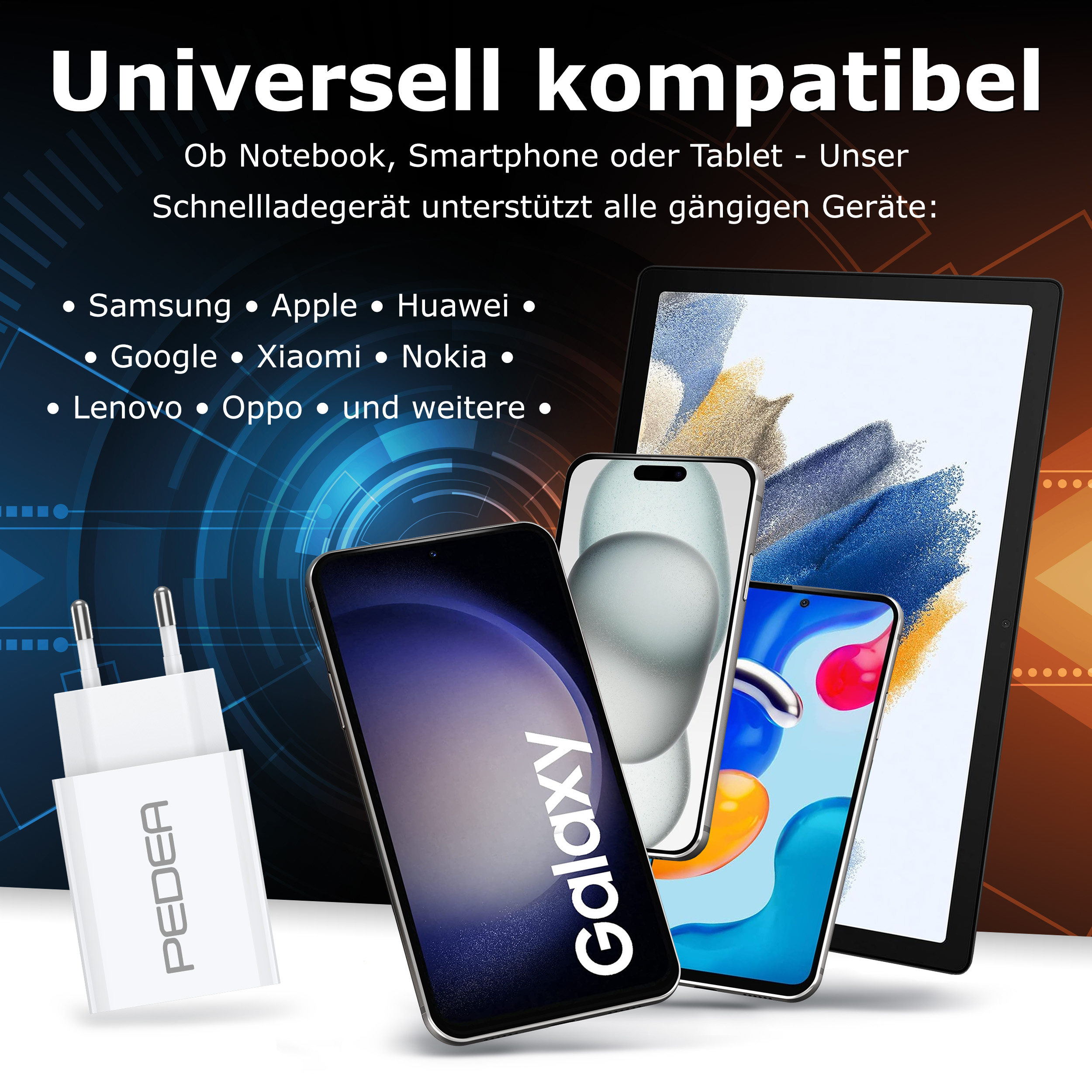 Weißes Ladegerät mit Telefonen und Tablet daneben. Der Text lautet 'Universell kompatibel'.