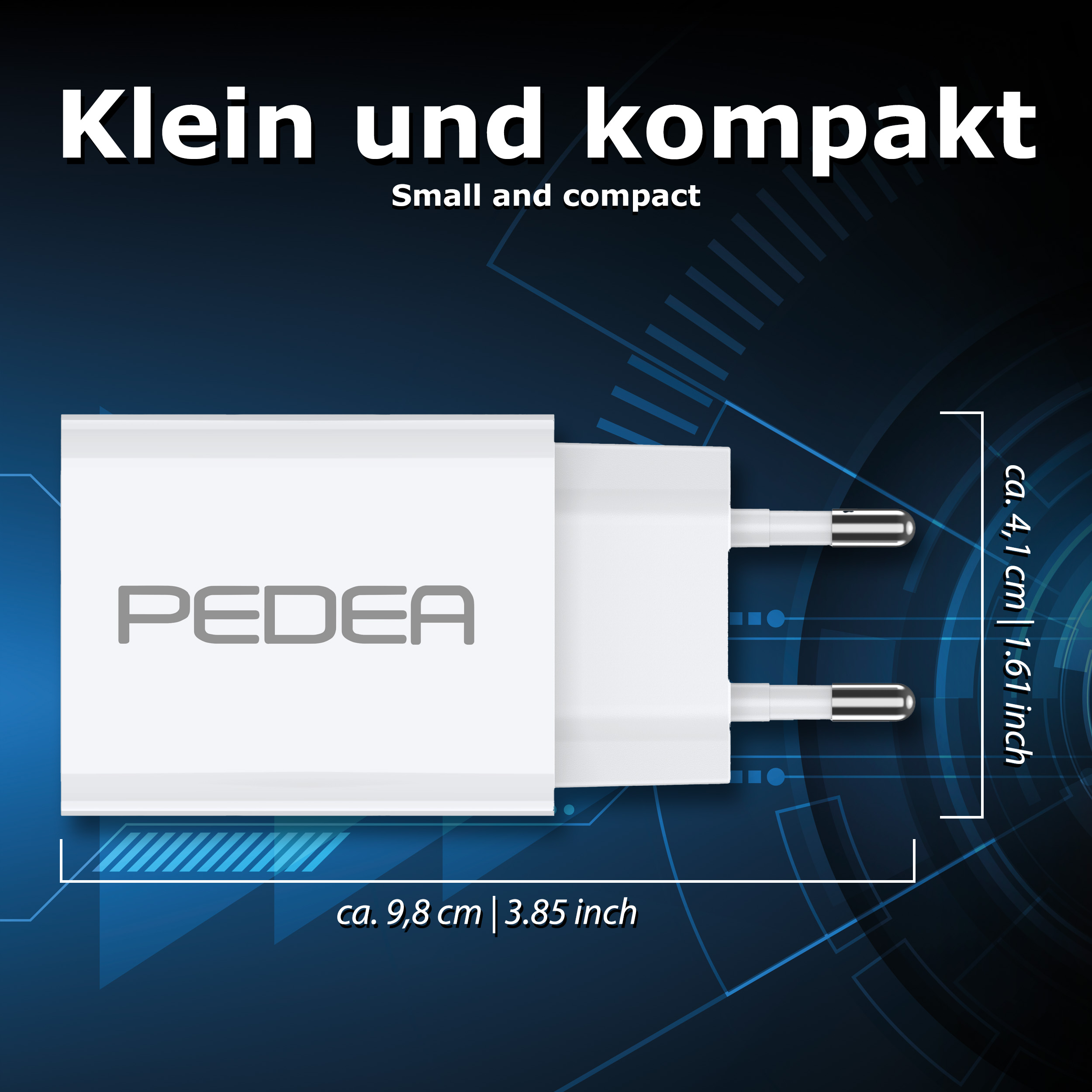 Weißer Ladeadapter mit 'PEDEA'-Text. Text sagt 'Klein und kompakt'. Blauer Hintergrund.