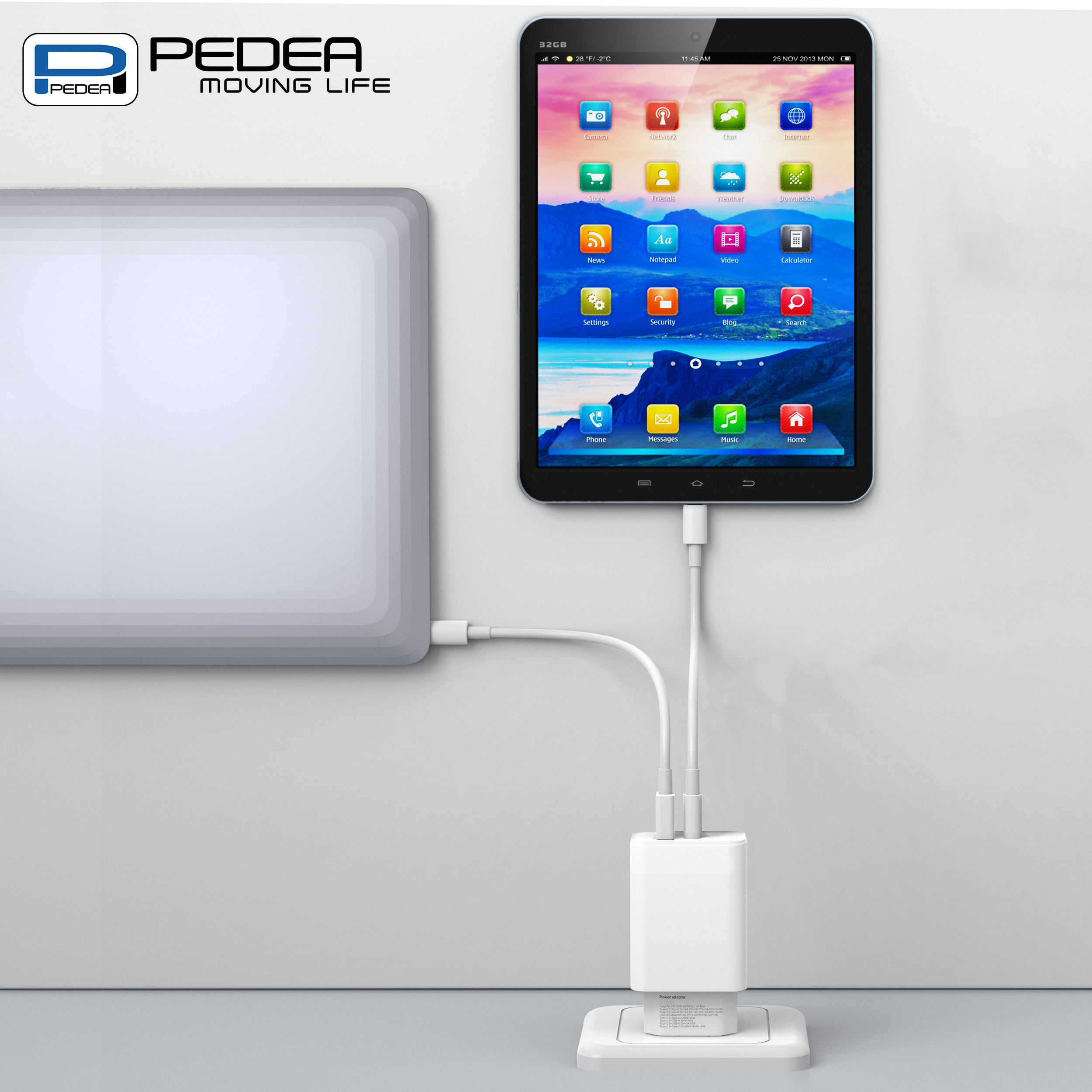 Ein Tablet, das mit einem weißen Ladegerät geladen wird. Zeigt Tablet und Ladegerät mit weißem Kabel verbunden.