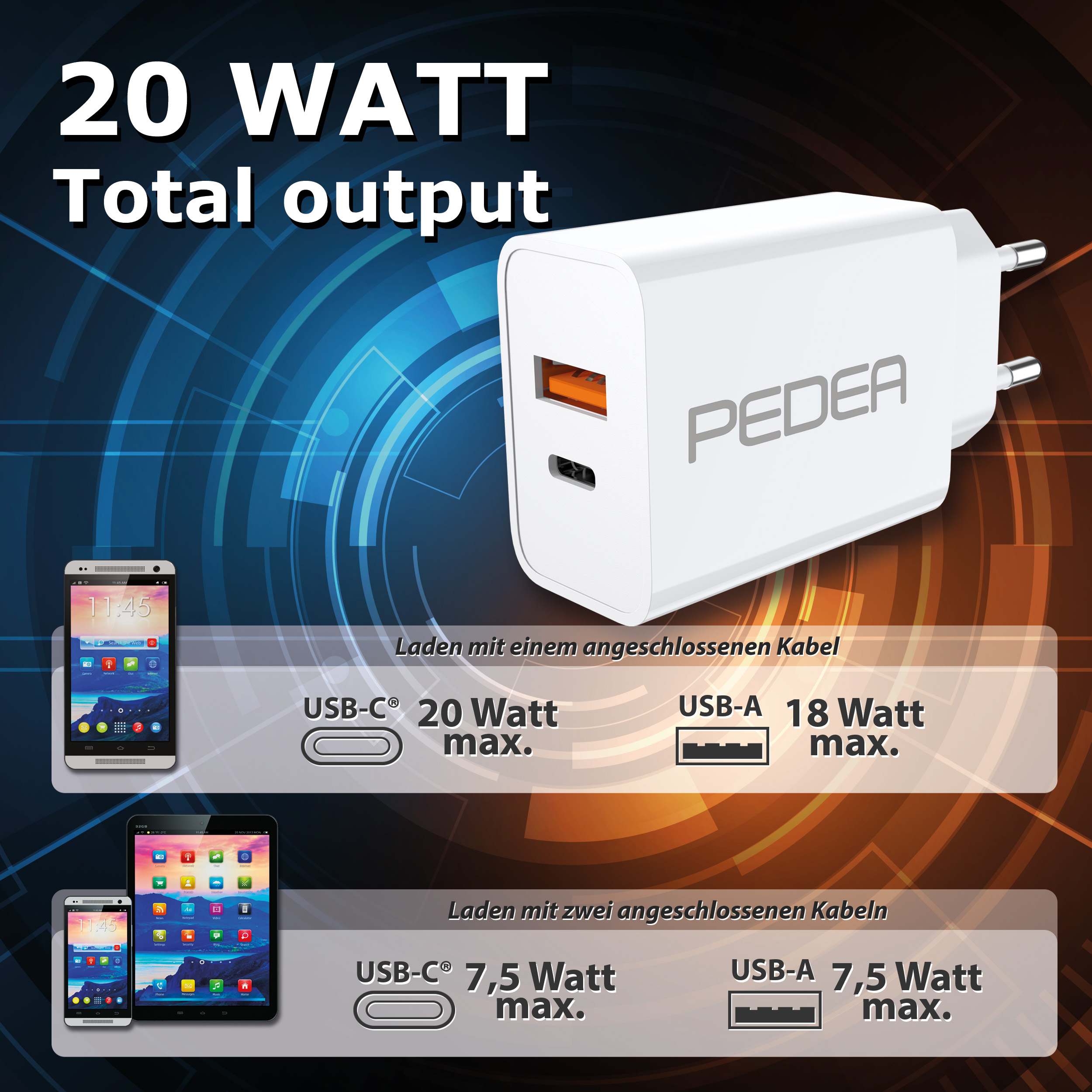 A für Watt Netzteil Reiselader USB / Dual max. 20 PEDEA Weiß Type C;