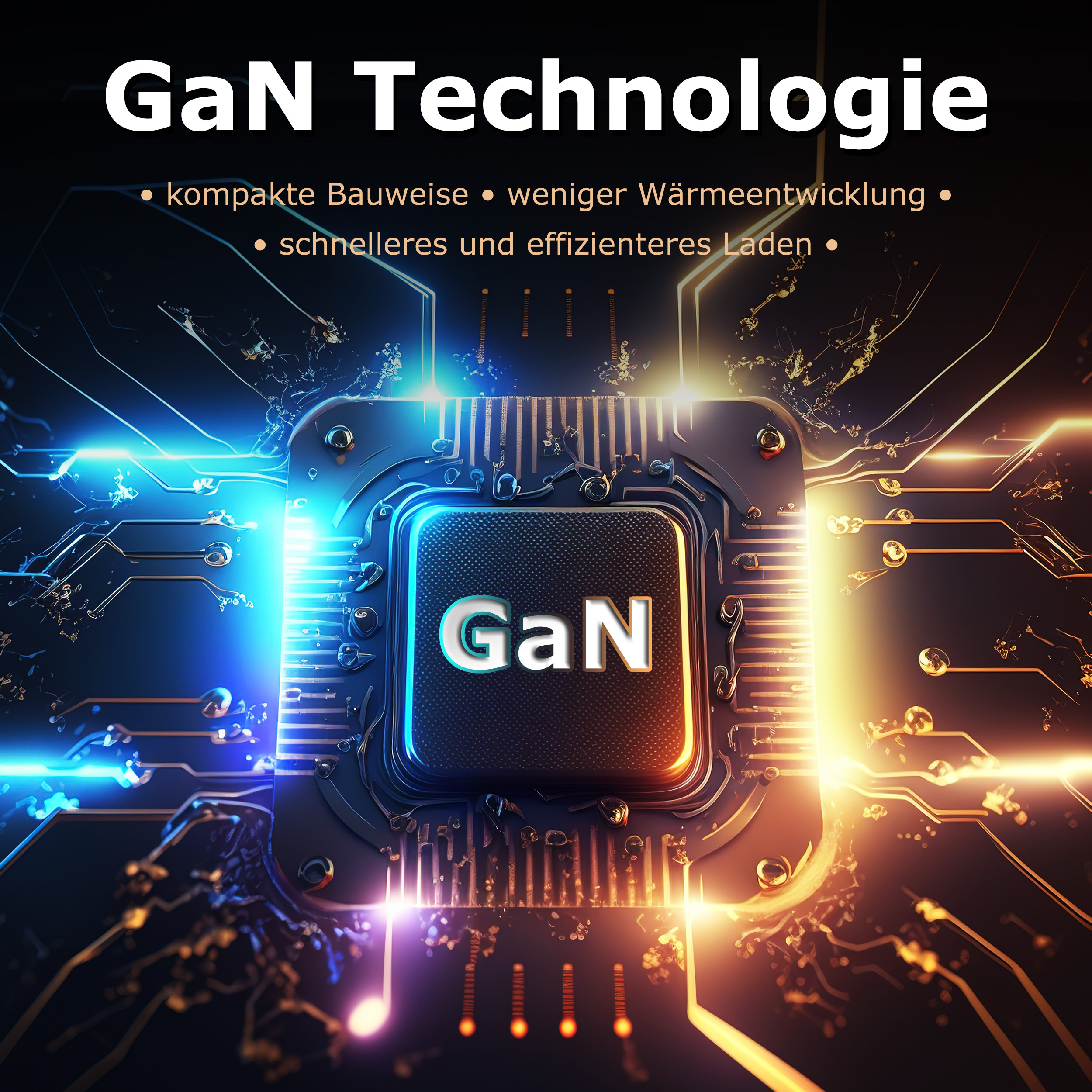 Bild zeigt GaN-Technologie mit Schaltkreisen und Text auf Deutsch.